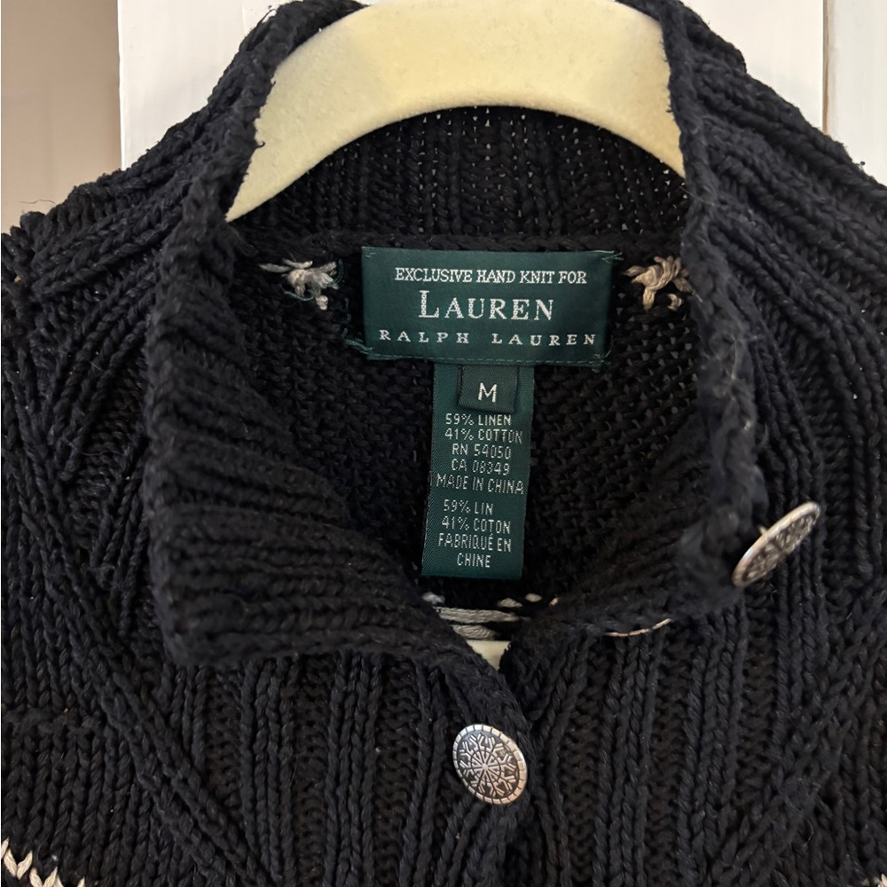 Ralph Lauren Sweater, Hand Knit, Wool, Linen Snowflake, Winter, black and Cream - Picture 3 of 5